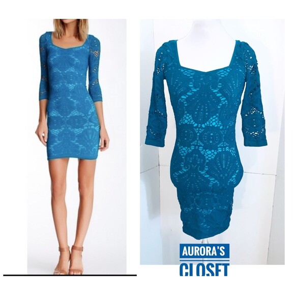 Free People Dresses & Skirts - Free People M/L Blue Bodycon Lace Dress Medallion Teal Lining Stretch Intimately